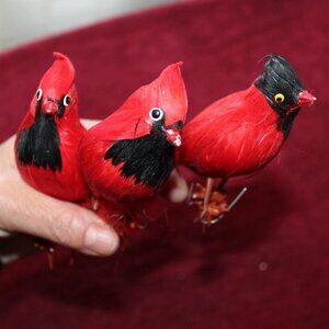 Artificial Cardinal Bird with wire attached to feet - Set of 3
